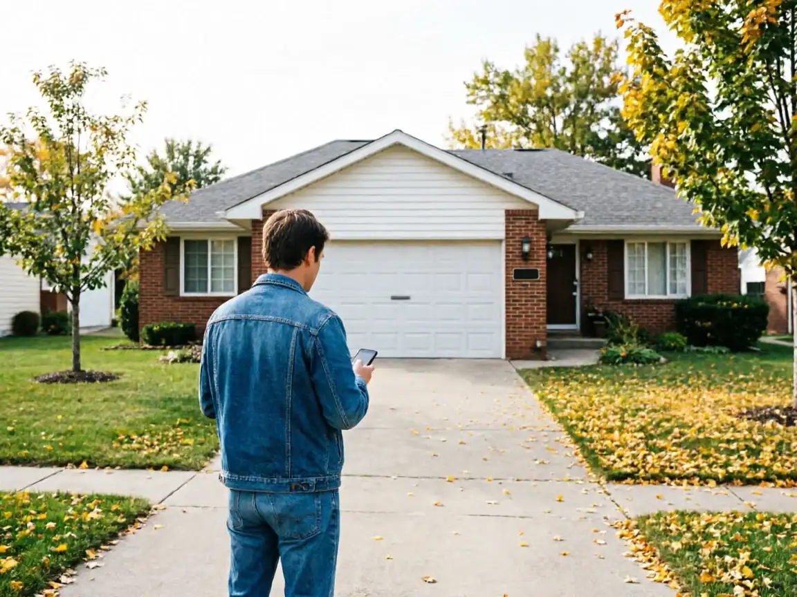 A man in a denim jacket stands in a driveway looking at his phone.