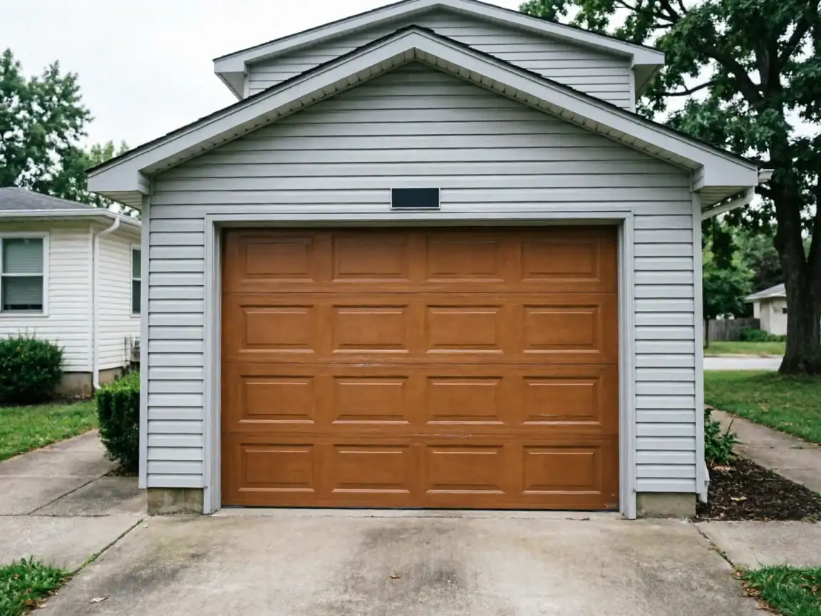 A brown paneled garage door is on a light gray house with siding.