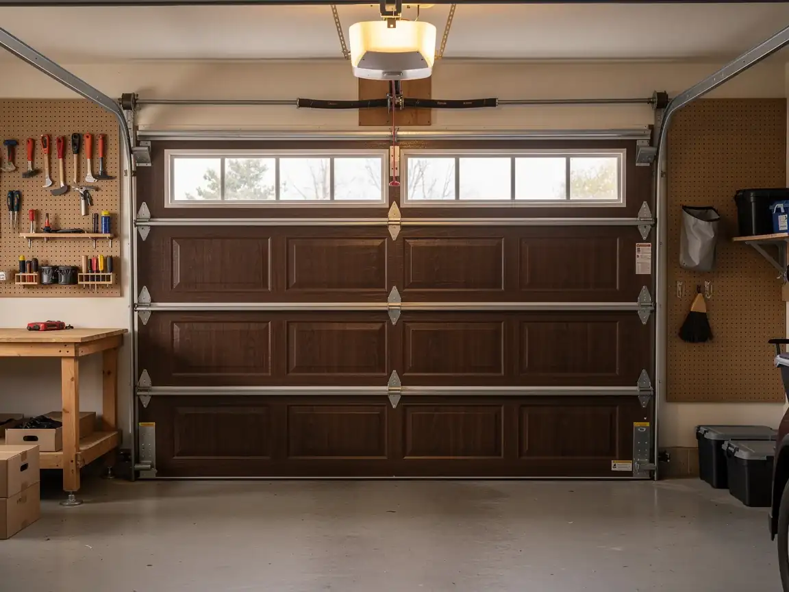 A brown garage door with windows is closed inside a garage.